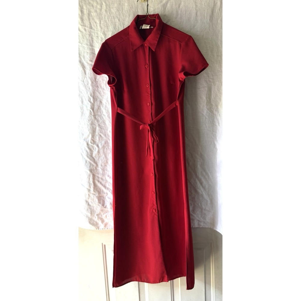 Vintage Alexandra Lee Red Shirt Dress 8P Petite Button Front Belted Midi USA